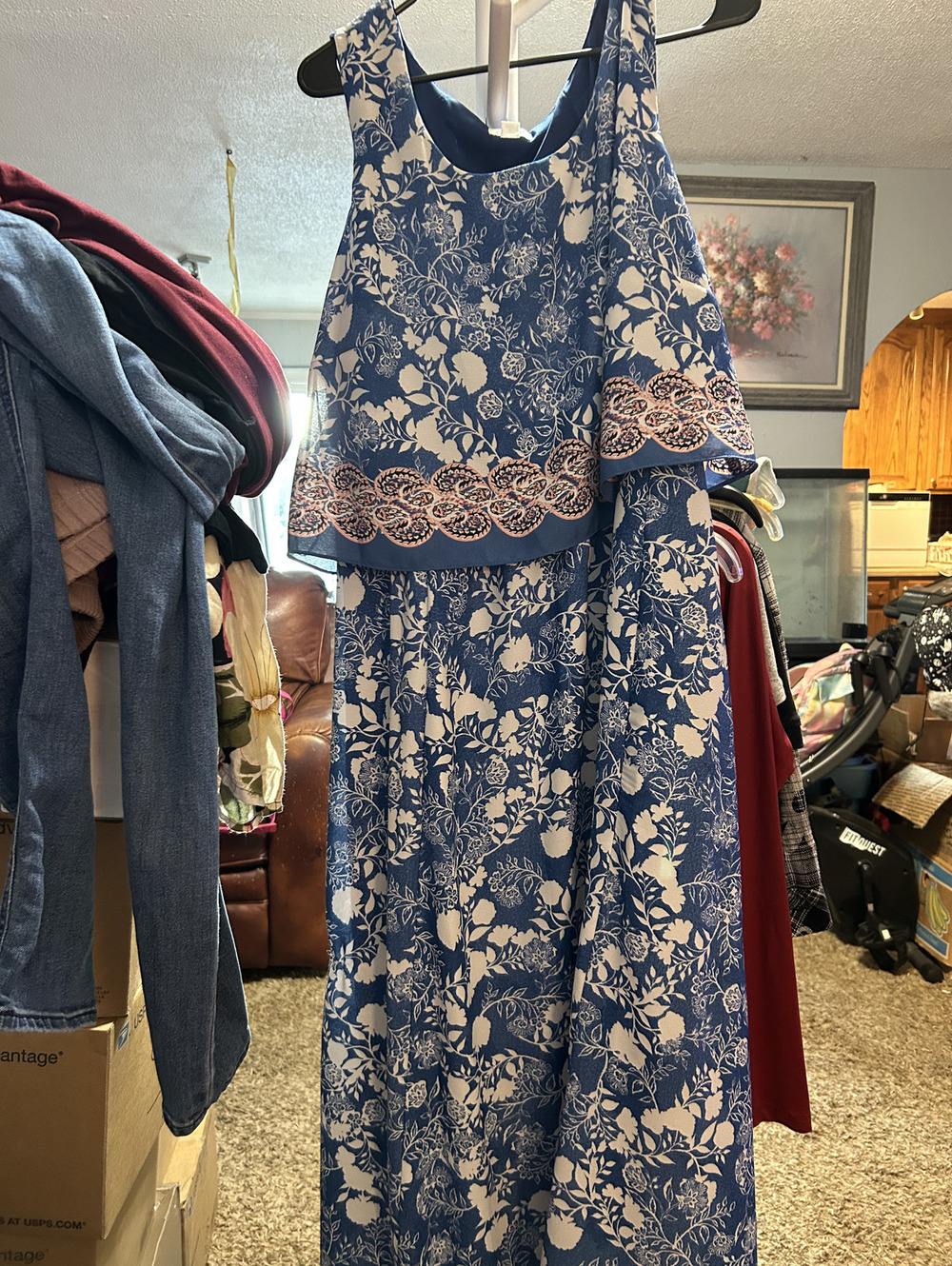 Westport Women's Size 16 Blue and White Floral Dress with Pink Lace Detail